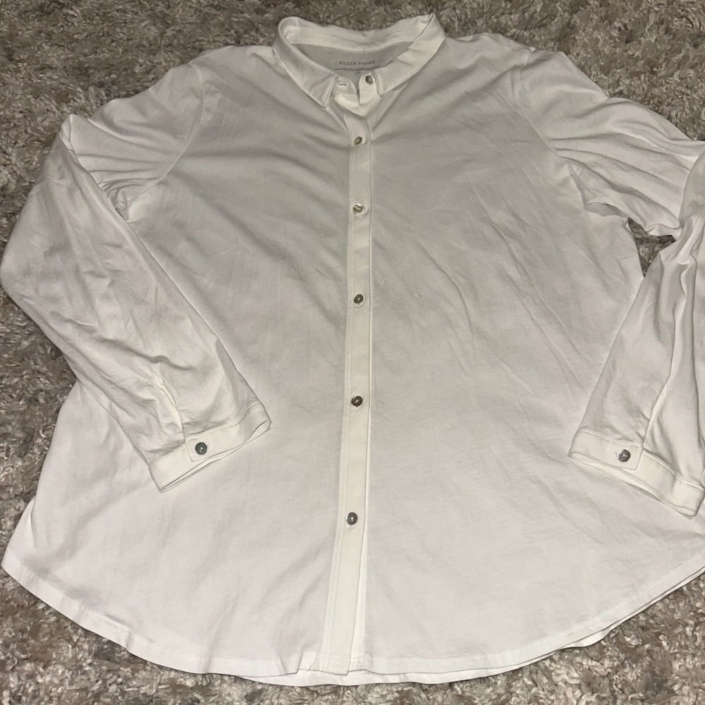 Eileen Fisher White Organic Cotton Jersey Long Sleeve Button Down Shirt Large